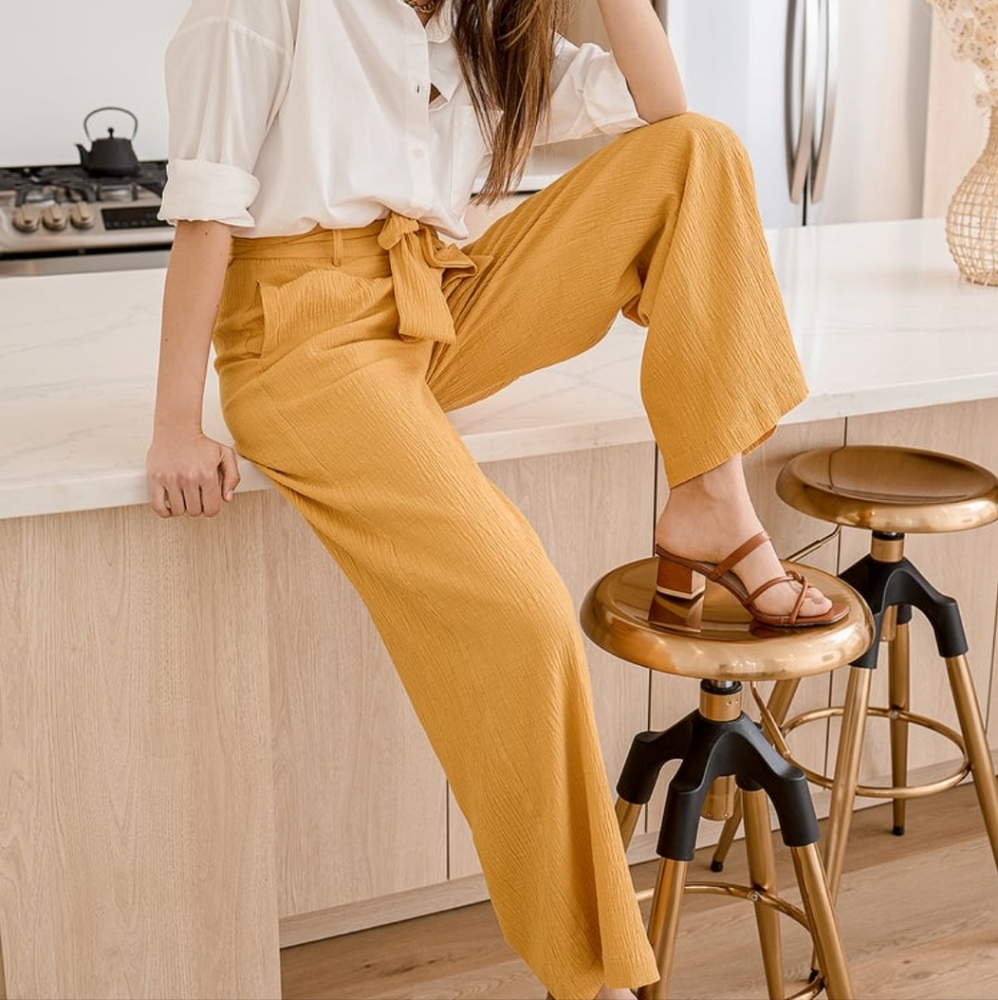 Spring Things Up Golden Yellow Belted Wide-Leg Pants - Lulus - Sz XL